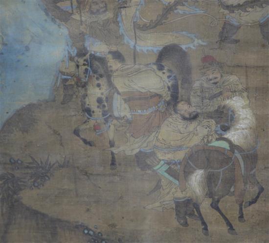 A Chinese painting on silk of soldiers, 18th/19th century, 97x 49cm, framed and glazed